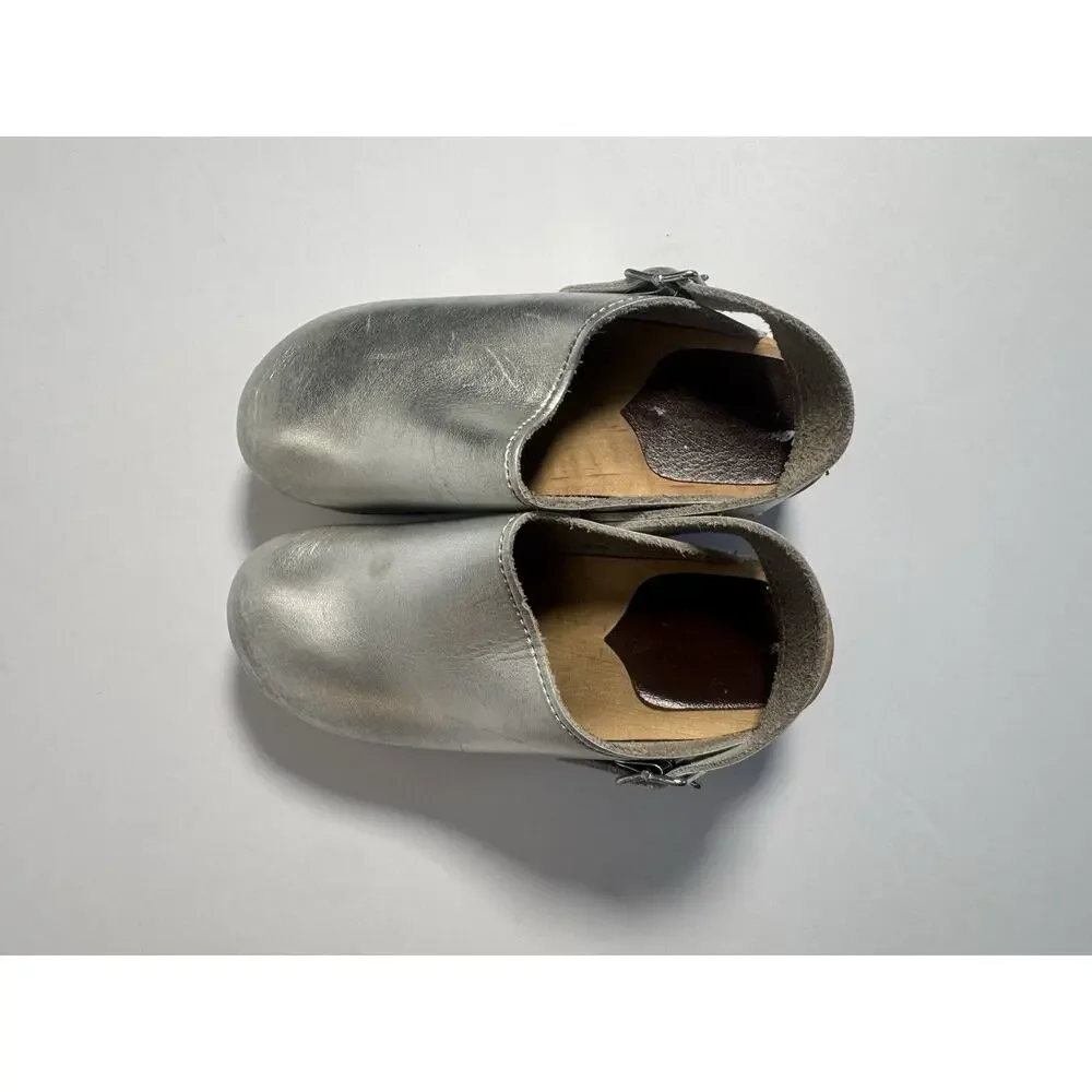 Vollsjo Sweden Silver Leather Wooden Slingback Clogs Girls EU 31 US 13